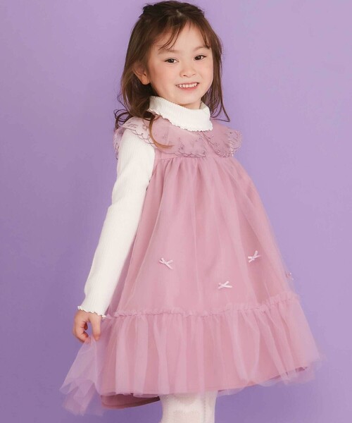 SLAP SLIP(スラップスリップ)の「ハート音符刺しゅうオーガンジービッグカラーワンピース(80~130cm)(ワンピース・キッズ・ネイビー/パープル・100cm/90cm/80cm/110cm/130cm/120cm)」の2枚目の写真