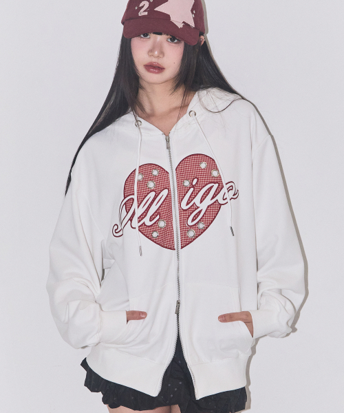 ILLIGO(イリゴ)の「チェックハートアイレットフードジップアップホワイト(パーカー・レディース・その他・MEDIUM/SMALL)」の1枚目の写真