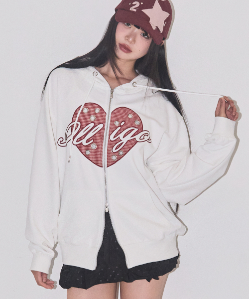 ILLIGO(イリゴ)の「チェックハートアイレットフードジップアップホワイト(パーカー・レディース・その他・MEDIUM/SMALL)」の2枚目の写真