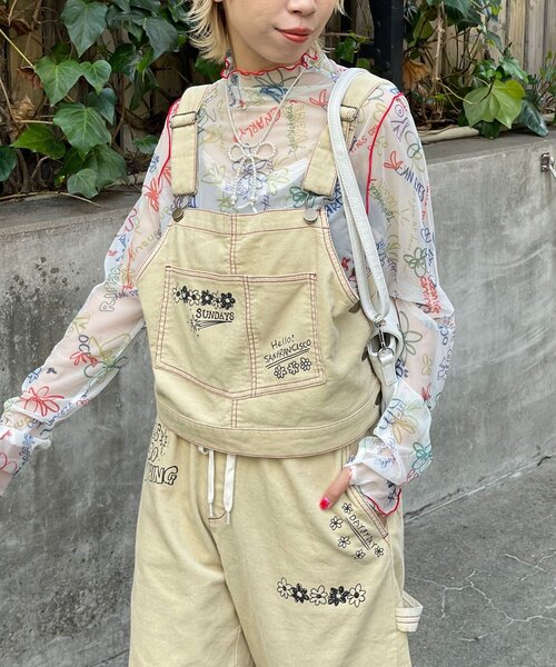 HELLO.SANFRANCISCO(ハローサンフランシスコ)の「【HELLO.SANFRANCISCO/ハローサンフランシスコ】マルチウェイ落書きコーデュロイ配色ステッチサロペット(サロペット/オーバーオール・レディース・ベージュ/キャメル/サックスブルー・ONE SIZE)」の4枚目の写真
