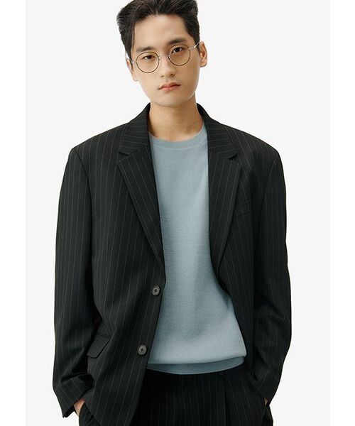 MUSINSA STANDARD（ムシンサスタンダード）の「ストライプワイドヒドゥンバンディングスラックス[ブラック]（スラックス・メンズ・その他・26/27/28/29）」の2枚目の写真