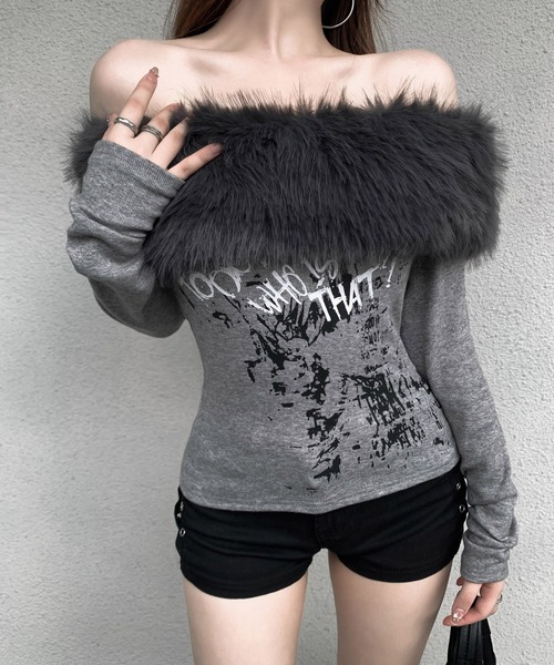 VEILA(ヴェイラ)の「フェイクファー×オフショルダートップス(Tシャツ/カットソー・レディース・グレー/ベージュ・フリー)」の20枚目の写真
