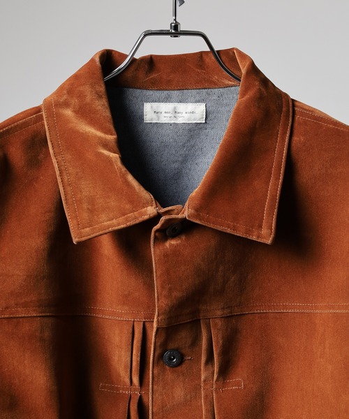 many men many mind(メニーメンメニーマインド)の「MANYMENMANYMINDS フロッキー加工デニム/PUコーティング加工デニム/トラッカーJKT(デニムジャケット・メンズ・ブラック系1/ブラウン系/ブラック系2・M/L)」の7枚目の写真
