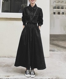 ウエストギャザーデニムシャツワンピース