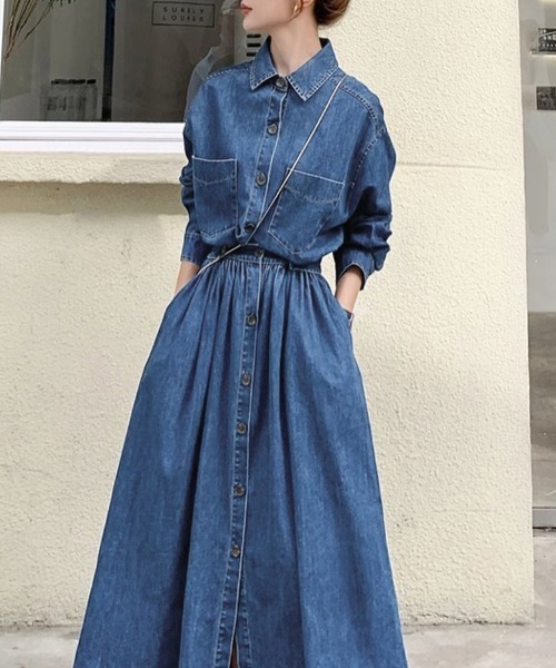 Doux Belle(ドゥーベル)の「ウエストギャザーデニムシャツワンピース(シャツワンピース・レディース・ブルー/ダークブルー/ブラック・MEDIUM)」の8枚目の写真