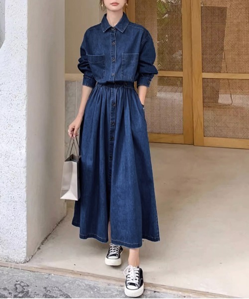 Doux Belle(ドゥーベル)の「ウエストギャザーデニムシャツワンピース(シャツワンピース・レディース・ブルー/ダークブルー/ブラック・MEDIUM)」の10枚目の写真
