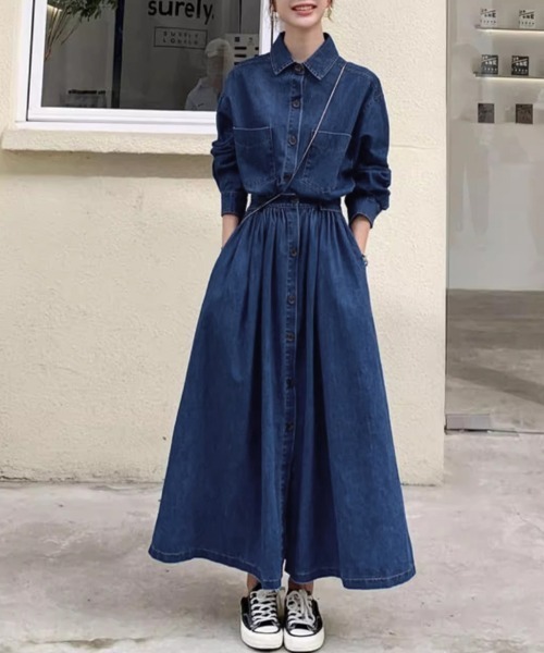 Doux Belle(ドゥーベル)の「ウエストギャザーデニムシャツワンピース(シャツワンピース・レディース・ブルー/ダークブルー/ブラック・MEDIUM)」の11枚目の写真