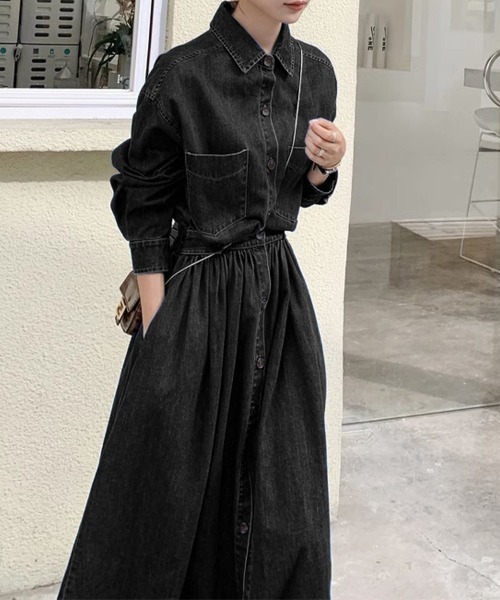 Doux Belle(ドゥーベル)の「ウエストギャザーデニムシャツワンピース(シャツワンピース・レディース・ブルー/ダークブルー/ブラック・MEDIUM)」の16枚目の写真