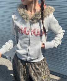 gossip！ロサンゼルス（ゴシップロサンゼルス）の「Y2K  裏起毛 チェック柄ファーフードジップアップパーカー（パーカー）」