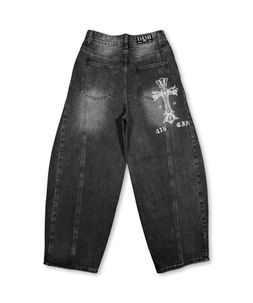 DAMISH(ダミシュ)の「クロスプリントカーブバルーンデニム_ブラック(デニムパンツ・レディース・ブラック・SMALL/MEDIUM/LARGE)」の1枚目の写真