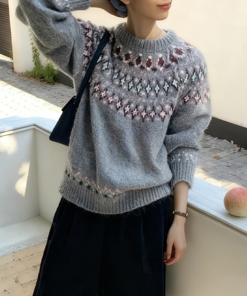 ReRe(リリ)の「ノルディック調ジャカードニットプルオーバー(ニット/セーター・レディース・グレー/ピンク/グリーン・FREE)」の3枚目の写真