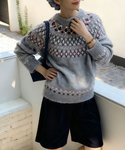ReRe(リリ)の「ノルディック調ジャカードニットプルオーバー(ニット/セーター・レディース・グレー/ピンク/グリーン・FREE)」の10枚目の写真