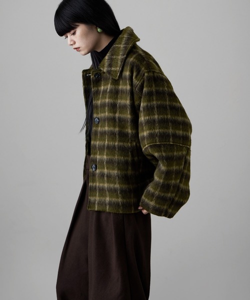 etoll.(エトル)の「チェックシャギーコクーンスリーブジャケット(ブルゾン・レディース・ブラック/カーキ・FREE)」の4枚目の写真