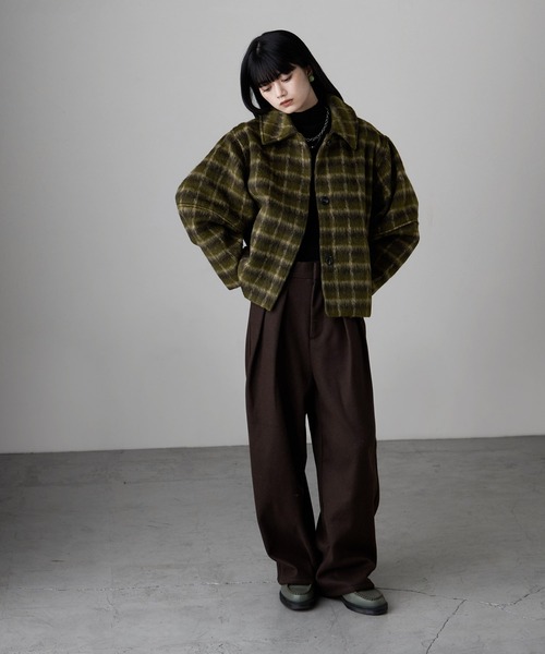 etoll.(エトル)の「チェックシャギーコクーンスリーブジャケット(ブルゾン・レディース・ブラック/カーキ・FREE)」の5枚目の写真