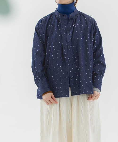 nop de nod（ノップドゥノッド）の「デニムドットプリントバンドカラースモックシャツ（シャツ/ブラウス・レディース・ブルー系/インディゴブルー・M）」の13枚目の写真