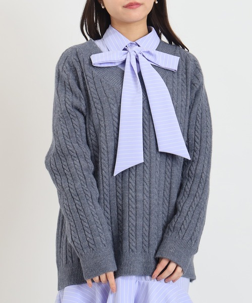 ASTORIA ODIER(アストリアオディール)の「リボンタイ ミニ丈 裾フリルシャツワンピース(ワンピース・レディース・ベージュ/サックスブルー/ブルー・MEDIUM)」の7枚目の写真