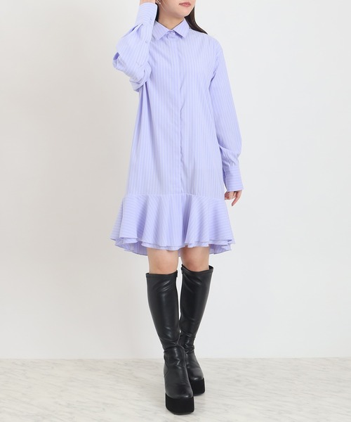 ASTORIA ODIER(アストリアオディール)の「リボンタイ ミニ丈 裾フリルシャツワンピース(ワンピース・レディース・ベージュ/サックスブルー/ブルー・MEDIUM)」の10枚目の写真