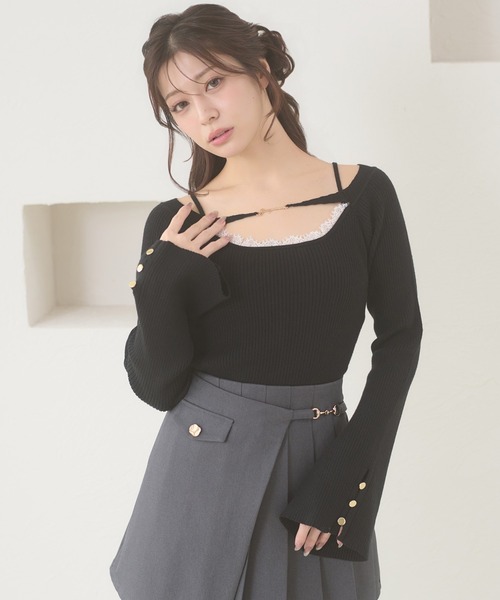 Ambre Neige(アンブルネージュ)の「lace docking flare sleeve knit / レースツキフレスリーブニット(ニット/セーター・レディース・ピンク/ブラック/アイボリー・FREE)」の2枚目の写真
