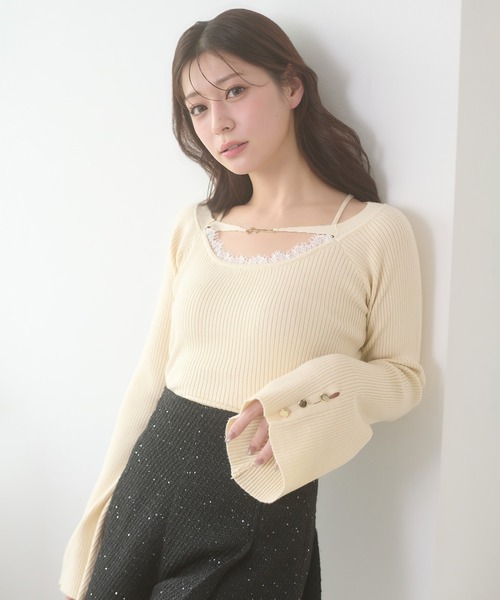 Ambre Neige(アンブルネージュ)の「lace docking flare sleeve knit / レースツキフレスリーブニット(ニット/セーター・レディース・ピンク/ブラック/アイボリー・FREE)」の5枚目の写真