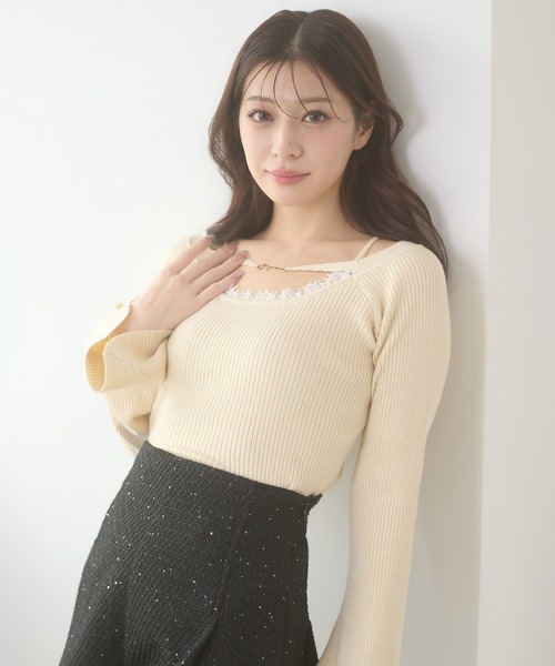 Ambre Neige(アンブルネージュ)の「lace docking flare sleeve knit / レースツキフレスリーブニット(ニット/セーター・レディース・ピンク/ブラック/アイボリー・FREE)」の6枚目の写真