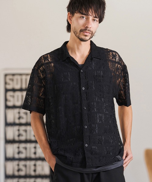 CAMBIO(カンビオ)の「mhs2517- Butterfly Lace Short Sleeve Shirts レースシャツ(PF-261-018)(シャツ/ブラウス・メンズ・ブラック/ベージュ・M/L)」の2枚目の写真