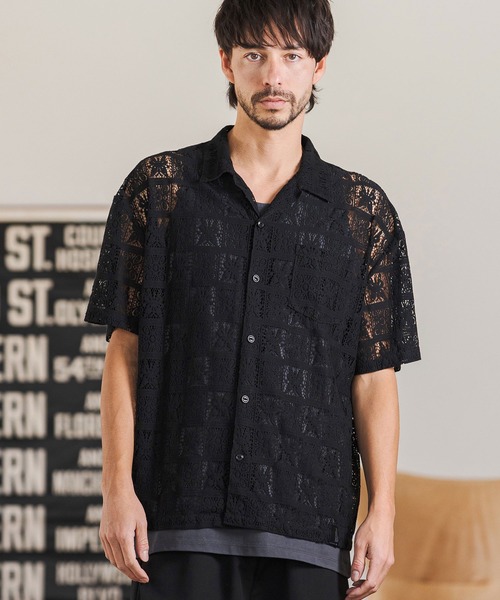 CAMBIO(カンビオ)の「mhs2517- Butterfly Lace Short Sleeve Shirts レースシャツ(PF-261-018)(シャツ/ブラウス・メンズ・ブラック/ベージュ・M/L)」の3枚目の写真