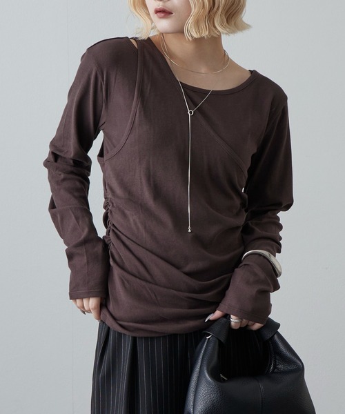 Lui's（ルイス）の「ワンショルダーレイヤードトップス（Tシャツ/カットソー・レディース・ブラウン/グレー/オフホワイト/ミント・FREE）」の3枚目の写真