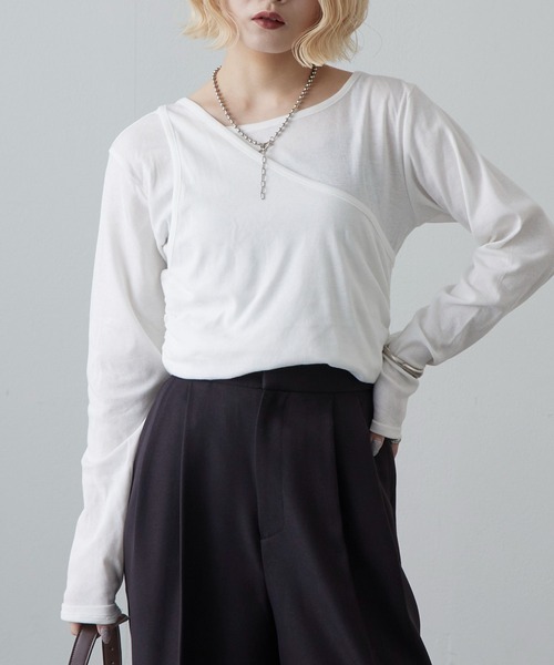 Lui's（ルイス）の「ワンショルダーレイヤードトップス（Tシャツ/カットソー・レディース・ブラウン/グレー/オフホワイト/ミント・FREE）」の5枚目の写真