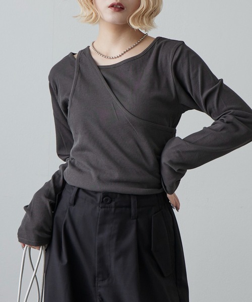 Lui's（ルイス）の「ワンショルダーレイヤードトップス（Tシャツ/カットソー・レディース・ブラウン/グレー/オフホワイト/ミント・FREE）」の12枚目の写真