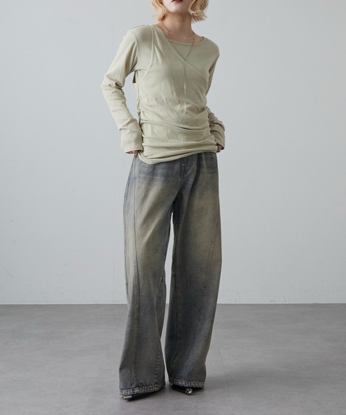 Lui's（ルイス）の「ワンショルダーレイヤードトップス（Tシャツ/カットソー・レディース・ブラウン/グレー/オフホワイト/ミント・FREE）」の20枚目の写真