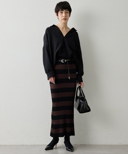 Whim Gazette（ウィムガゼット）の「ボーダーニットフィットスカート（スカート・レディース・ブラウン・FREE）」の2枚目の写真