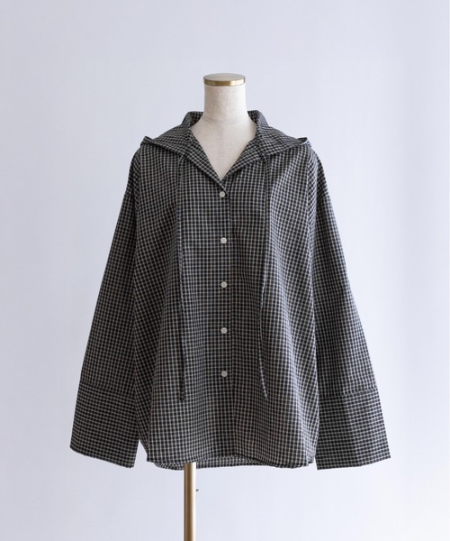 EN NEUME(エンノイム)の「Hooded Check Oversize Shirt(シャツ/ブラウス・レディース・ブラック/アイボリー・FREE)」の1枚目の写真