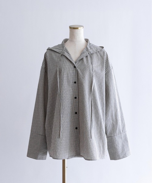 EN NEUME(エンノイム)の「Hooded Check Oversize Shirt(シャツ/ブラウス・レディース・ブラック/アイボリー・FREE)」の14枚目の写真