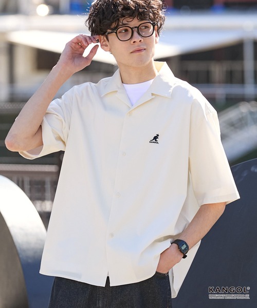 KANGOL(カンゴール)の「KANGOL/カンゴール 別注 リネンライク ワンポイントロゴ刺繍 オープンカラー 半袖シャツ<UVカット/吸水速乾/イージーケア>(シャツ/ブラウス・メンズ・アイボリー/グレイッシュブルー/グレー/ネイビー/ダークグレー/ライトオリーブ/ブラウン・S/L/M)」の2枚目の写真