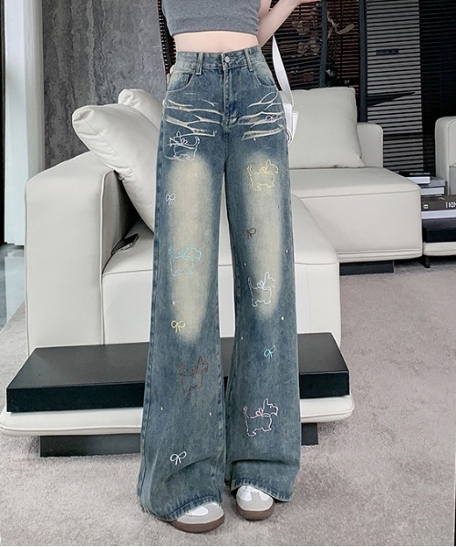 WEGO(ウィゴー)の「ドッグ刺繍ルーズストレートデニム(デニムパンツ・レディース・サックスブルー・MEDIUM/LARGE)」の3枚目の写真