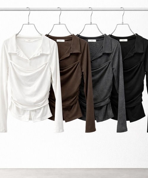NUJOH(ヌゾ)の「Twist Detail Collar Long Sleeve Top / ツイストディテールカラーロングスリーブトップ(Tシャツ/カットソー・レディース・ブラック/アイボリー/チャコールグレー/ブラウン・FREE)」の6枚目の写真