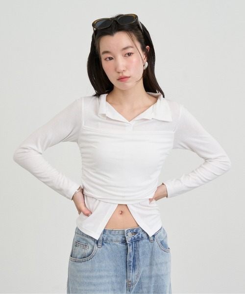 NUJOH(ヌゾ)の「Twist Detail Collar Long Sleeve Top / ツイストディテールカラーロングスリーブトップ(Tシャツ/カットソー・レディース・ブラック/アイボリー/チャコールグレー/ブラウン・FREE)」の7枚目の写真