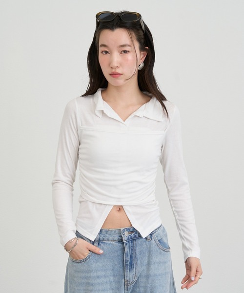 NUJOH(ヌゾ)の「Twist Detail Collar Long Sleeve Top / ツイストディテールカラーロングスリーブトップ(Tシャツ/カットソー・レディース・ブラック/アイボリー/チャコールグレー/ブラウン・FREE)」の8枚目の写真
