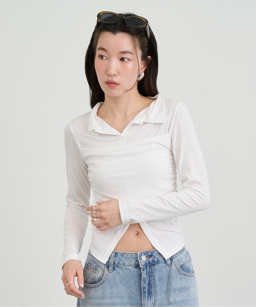NUJOH(ヌゾ)の「Twist Detail Collar Long Sleeve Top / ツイストディテールカラーロングスリーブトップ(Tシャツ/カットソー・レディース・ブラック/アイボリー/チャコールグレー/ブラウン・FREE)」の11枚目の写真
