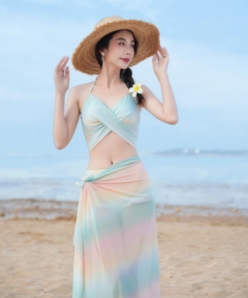 セール】パステルグラデーションビキニ＆シアーパレオ3点セット（水着