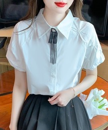 半袖ブラウス パフスリーブ フロントボタン