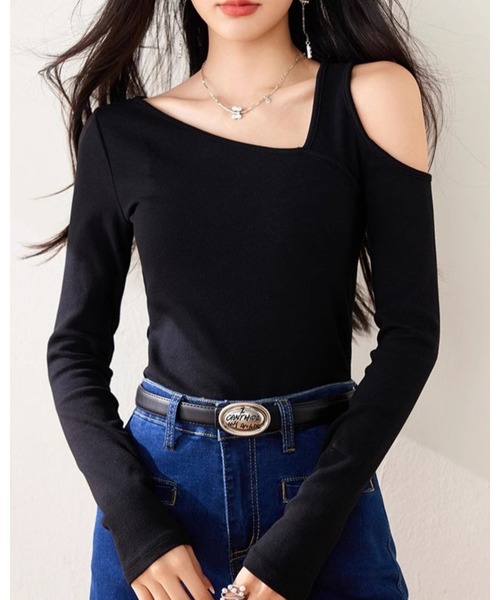 CHEER(チアー)の「アシンメトリー ネック オープンショルダー タイト長袖トップス(Tシャツ/カットソー・レディース・ブラック/イエロー・FREE)」の12枚目の写真