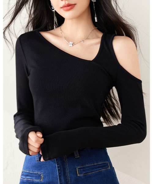 CHEER(チアー)の「アシンメトリー ネック オープンショルダー タイト長袖トップス(Tシャツ/カットソー・レディース・ブラック/イエロー・FREE)」の18枚目の写真