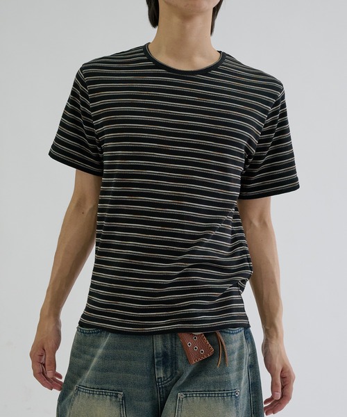EPNK（イーピーエヌケー）の「Assorted border short sleeve tee / アソートボーダーショートスリーブT（Tシャツ/カットソー・メンズ・オフホワイト/ブラック/ブラック系/グレー・SMALL/LARGE/MEDIUM）」の3枚目の写真