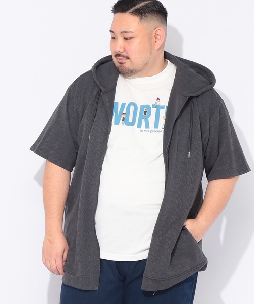 パーカー 半袖 メンズ 大きいサイズ ヘリンボンジャガード フルジップ
