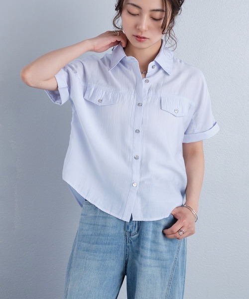 murea（ミュレア）の「レギュラーカラーラグラン半袖シャツ（シャツ/ブラウス・レディース・ブルー/アイボリー/ホワイト・FREE）」の14枚目の写真