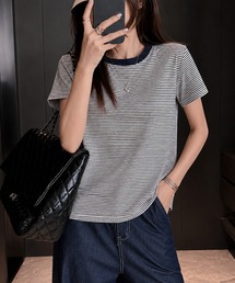 レトロカジュアル 配色リンガー 細ボーダー 半袖Tシャツ カットソー
