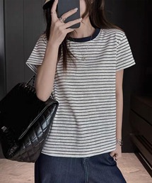 レトロカジュアル 配色リンガー 細ボーダー 半袖Tシャツ カットソー
