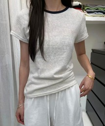 レトロカジュアル 配色リンガー 細ボーダー 半袖Tシャツ カットソー