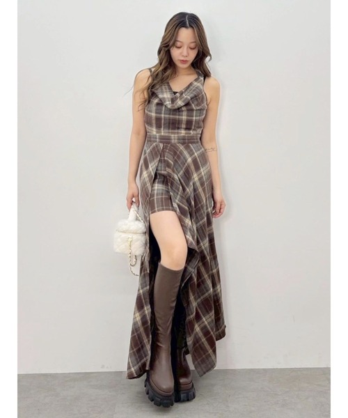 EVRIS（エヴリス）の「ドッキングチェックロングワンピース（ワンピース・レディース・ブラウン/ネイビー/ブラック・MEDIUM/SMALL）」の3枚目の写真